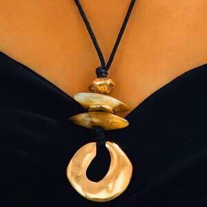 ARCHAEOLOGICAL STACKED STONE OVALS & GOLDEN WHEELS DESIGNS ON CORD NECKLACE 68